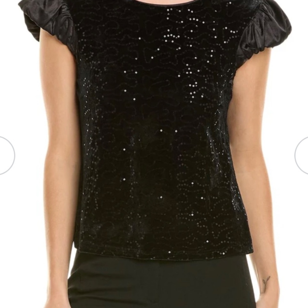Nanette Lepore Women’s Short Sleeve Embroidered Sequin Black Velvet Top Size L